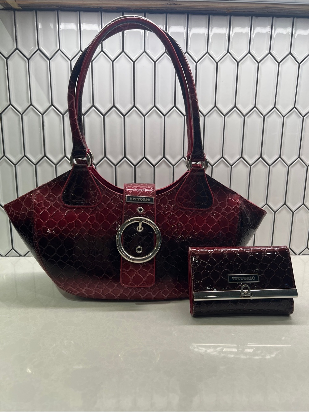 Vittorio Burgundy Croc-Embossed Tote with Matching Wallet